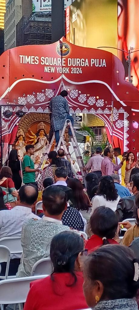 Putting up the pandal in Times Square for Durga Puja, 2024